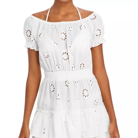AQUA Eyelet Tiered Peasant Dress In Ivory - Picture 1 of 3